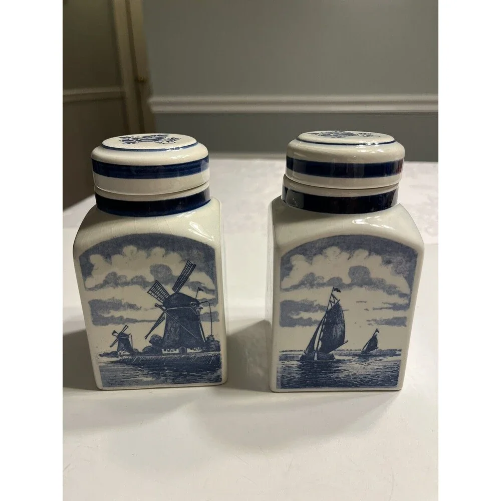 Pair of Delft Blue White Lidded Jars Spice Vanity Windmill Sailboat
